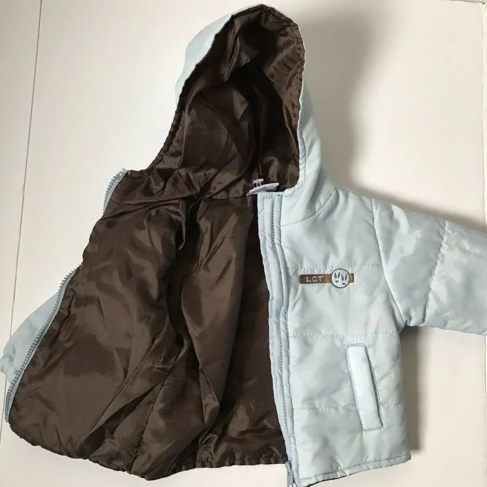 Little Cockney hooded winter lightweight  jacket light blue brown unisex size 6m